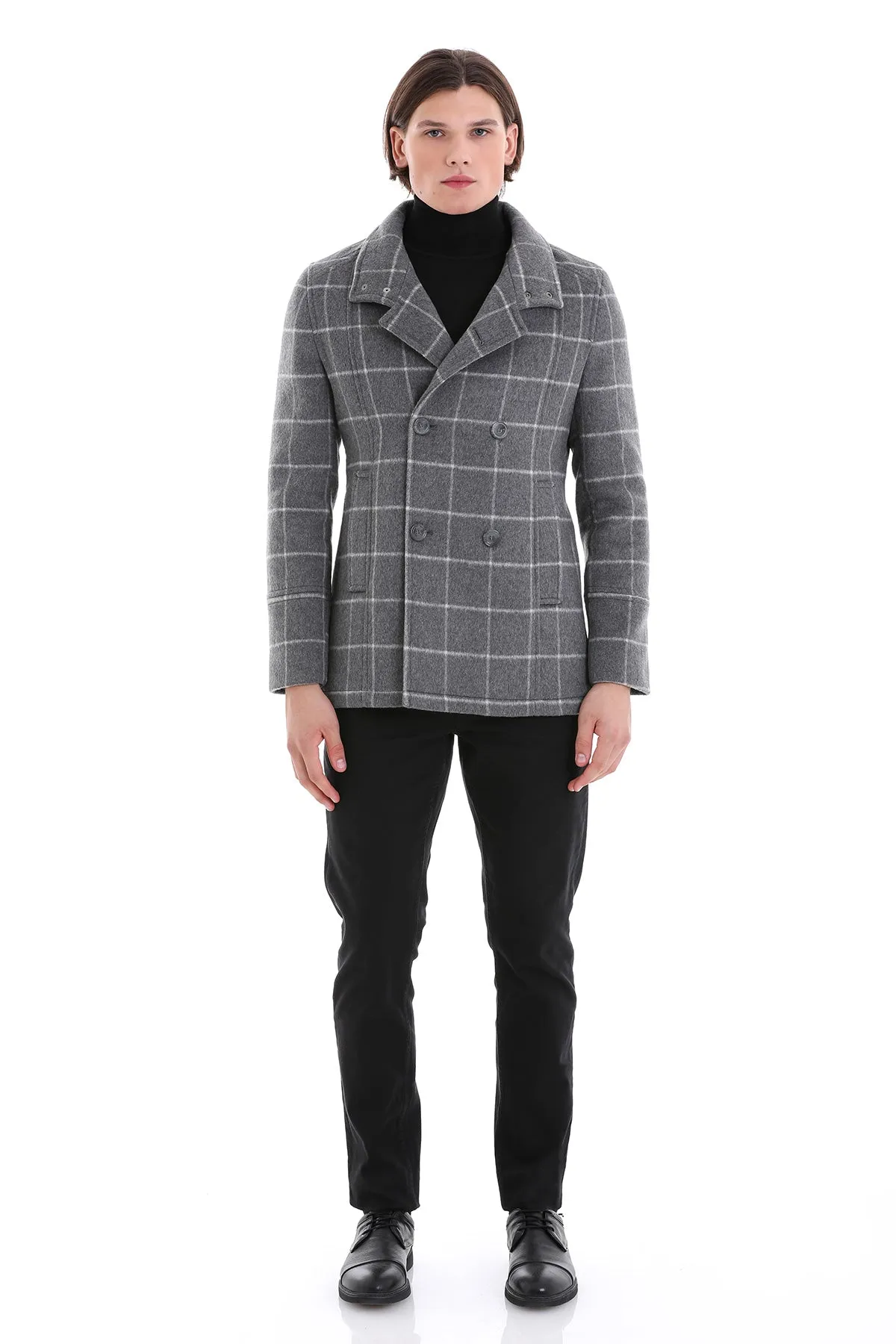 Slim Fit Double Breasted Gray Wool Blend Coat