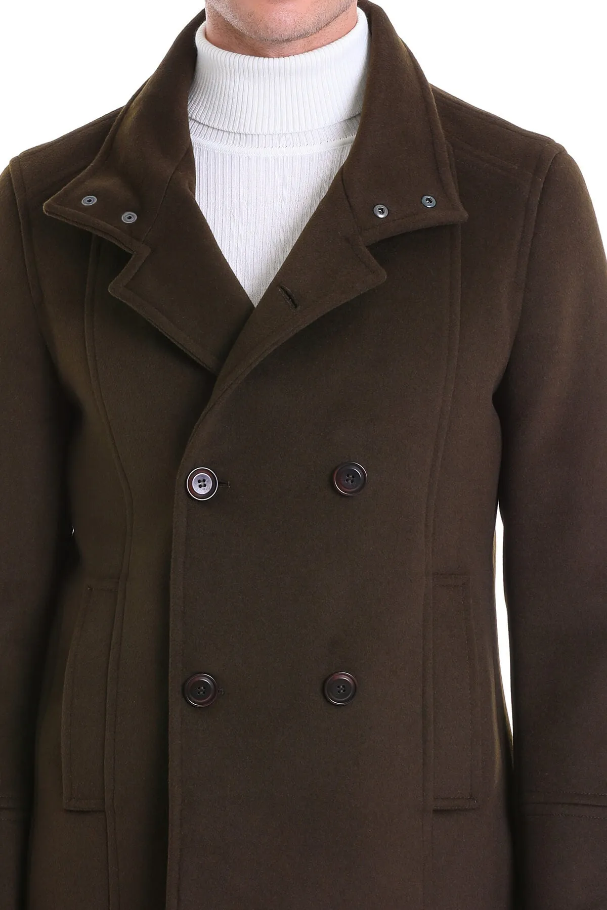 Slim Fit Double Breasted Khaki Wool Blend Coat