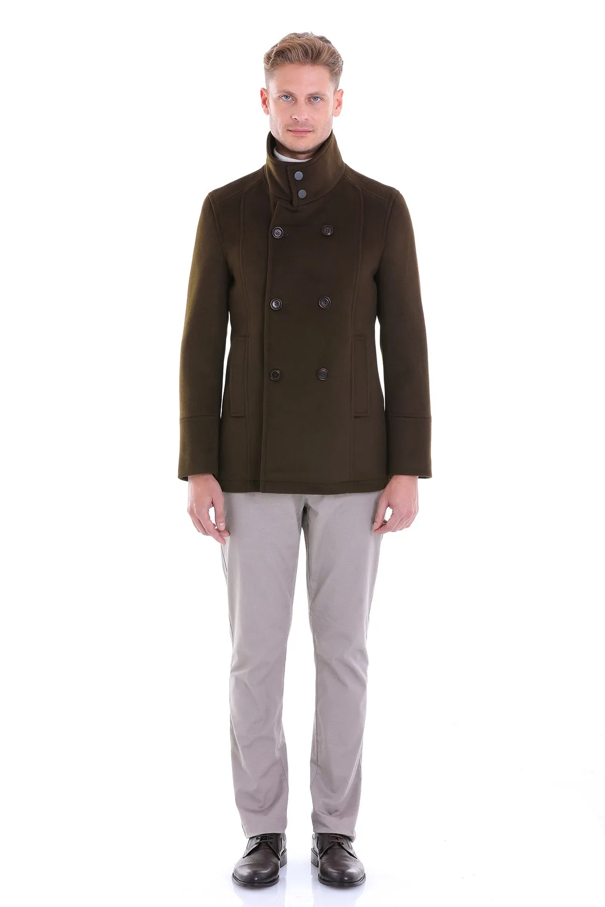 Slim Fit Double Breasted Khaki Wool Blend Coat