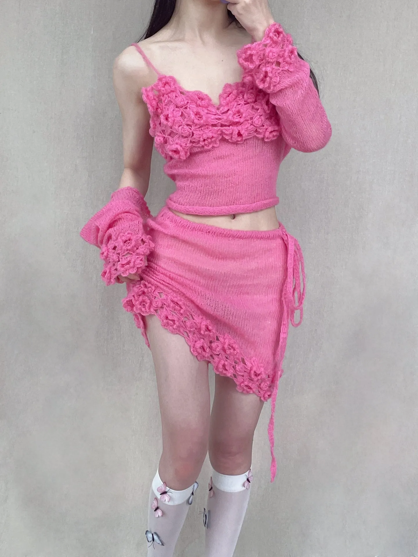 [Tailor Made] Raspberry Blush Hand Knitted Bikini Style Top Skirt Cardigan Set