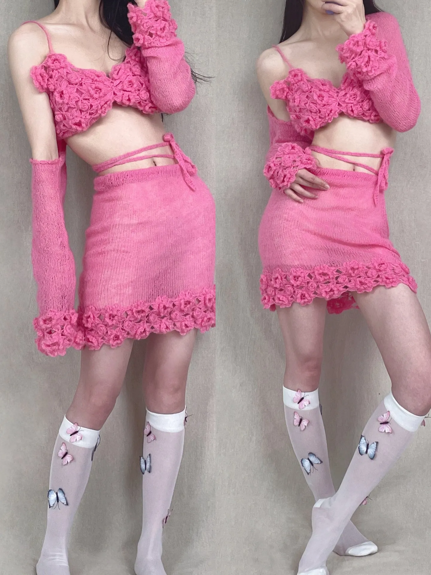 [Tailor Made] Raspberry Blush Hand Knitted Bikini Style Top Skirt Cardigan Set