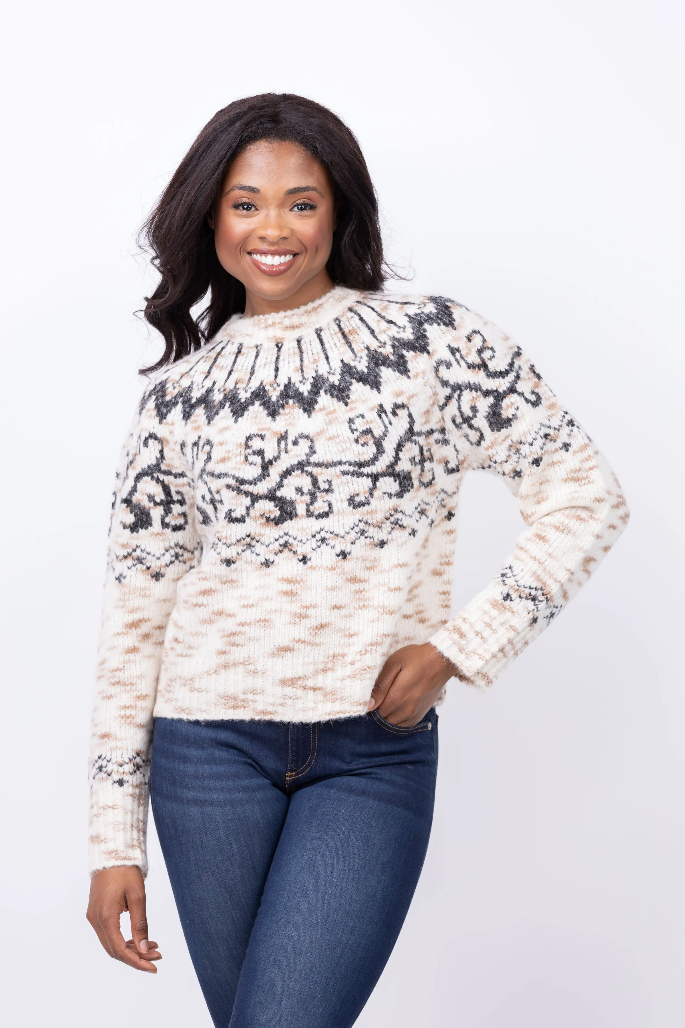 Tanya Taylor Duke Fair Isle Knit Sweater in Crean /Taupe/ Black Multi