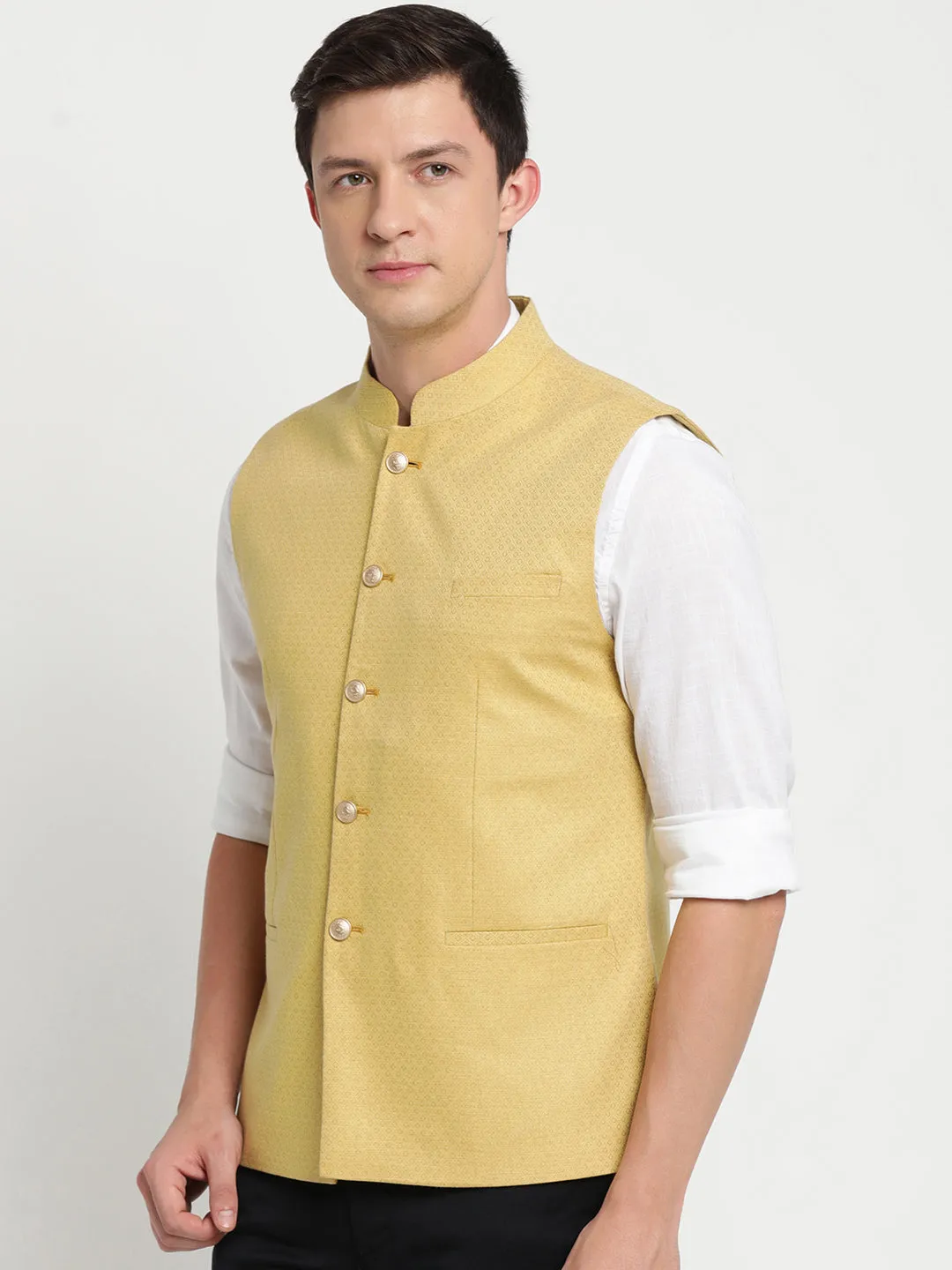 Turtle Men Gold Yellow Self Design Nehru Jacket