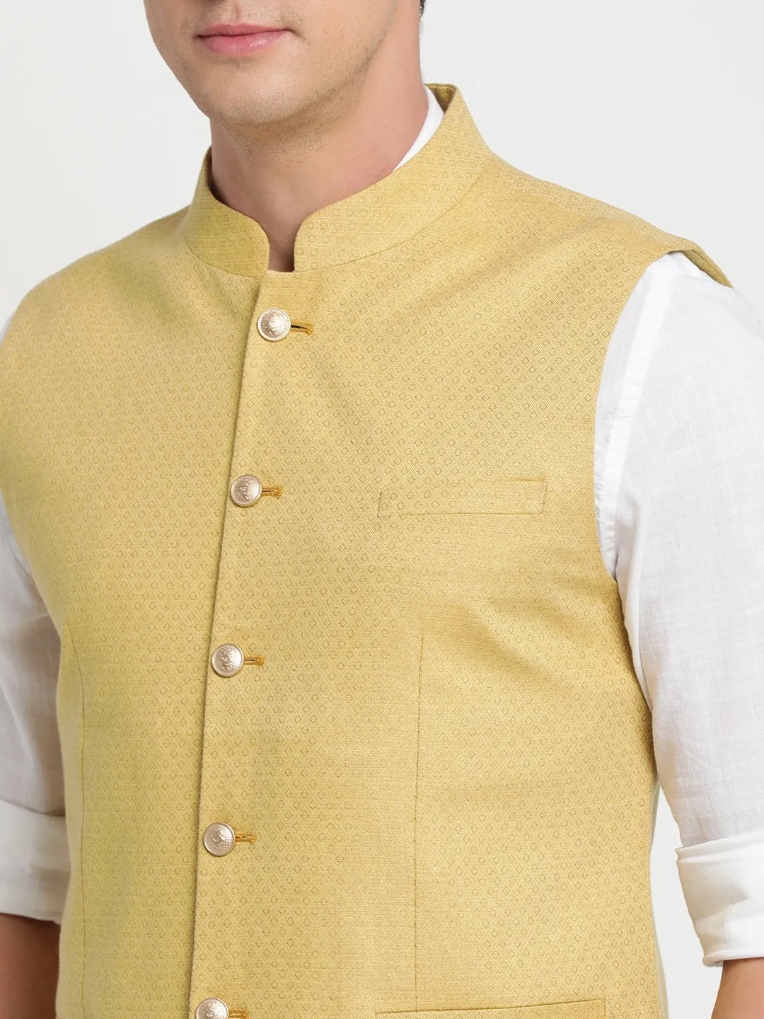 Turtle Men Gold Yellow Self Design Nehru Jacket