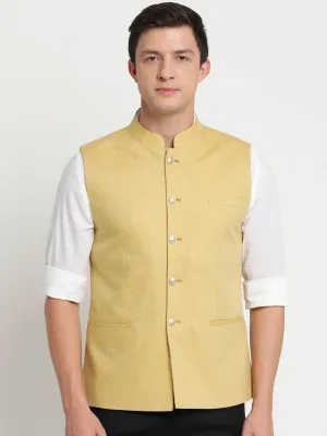 Turtle Men Gold Yellow Self Design Nehru Jacket