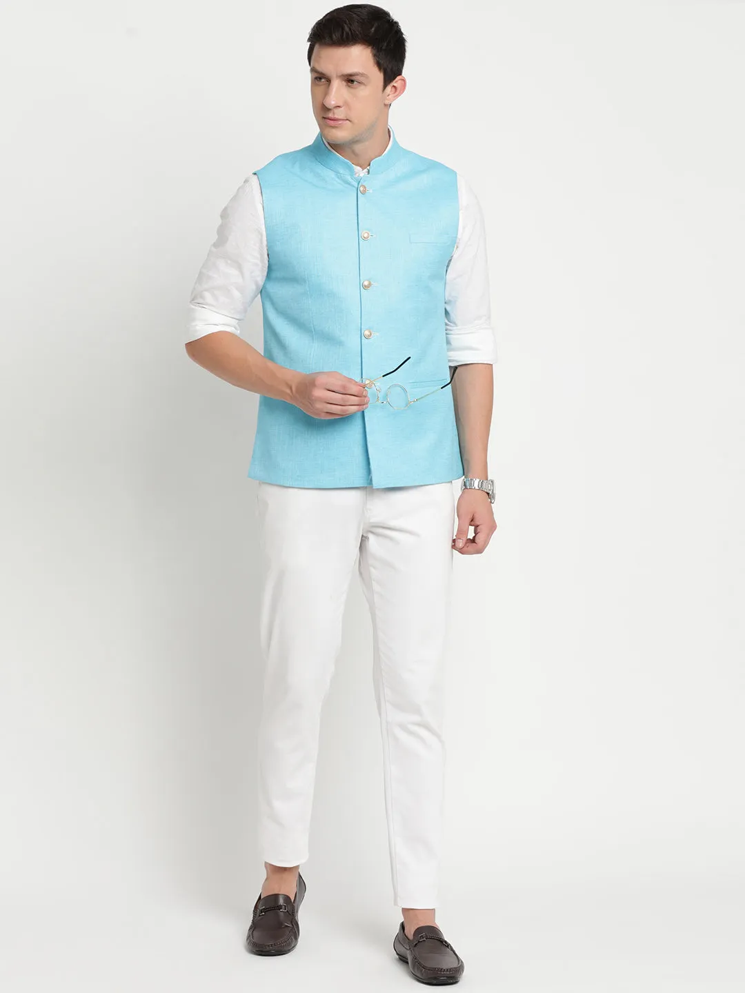 Turtle Men Light Blue Solid Nehru Jacket