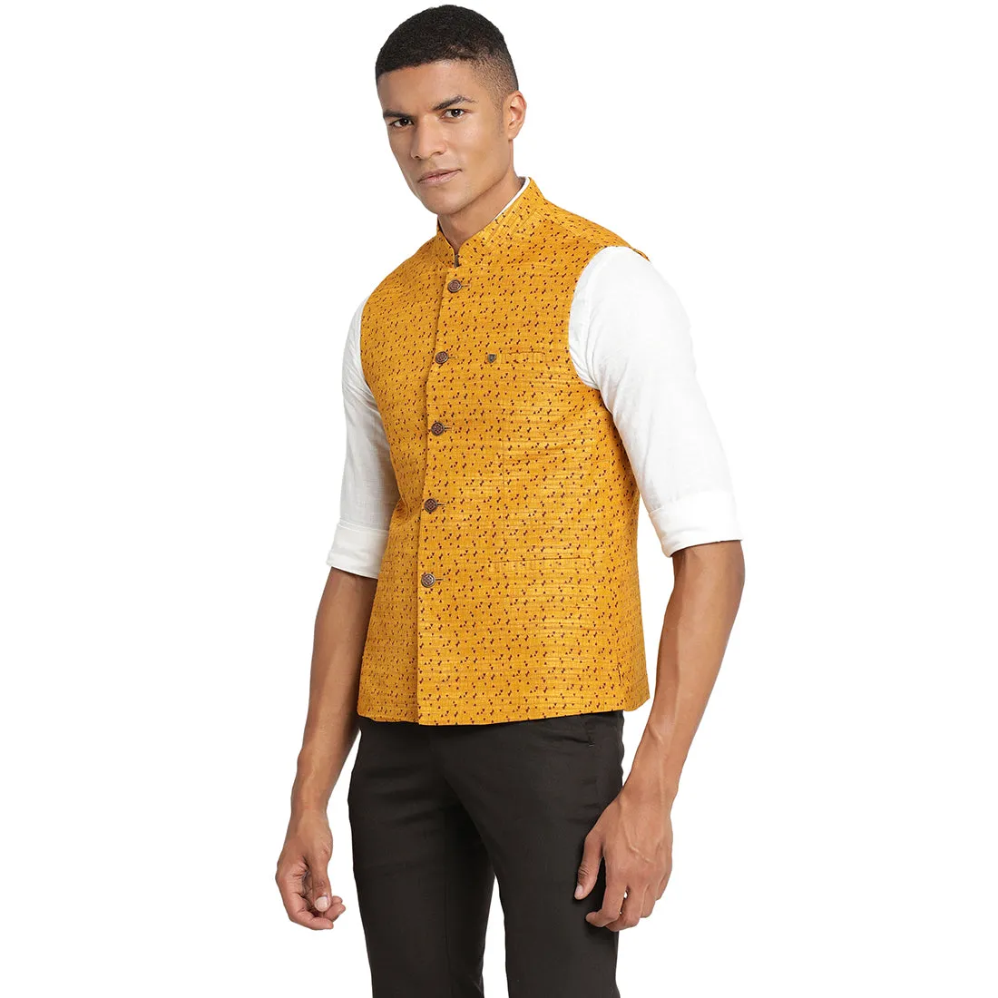 Turtle Men Mustard Self Design Nehru Jacket