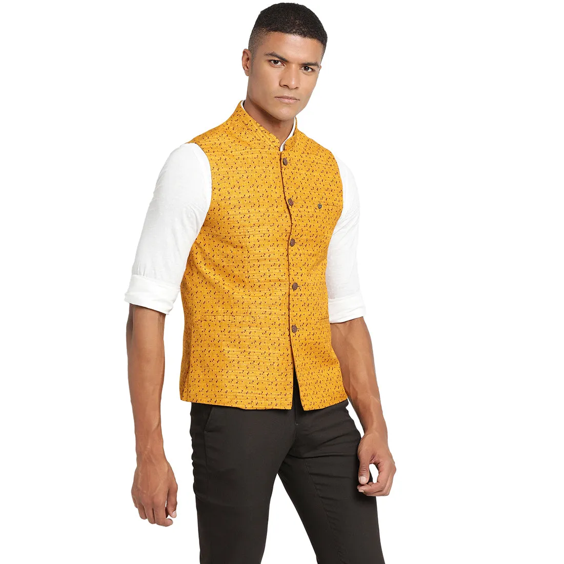 Turtle Men Mustard Self Design Nehru Jacket