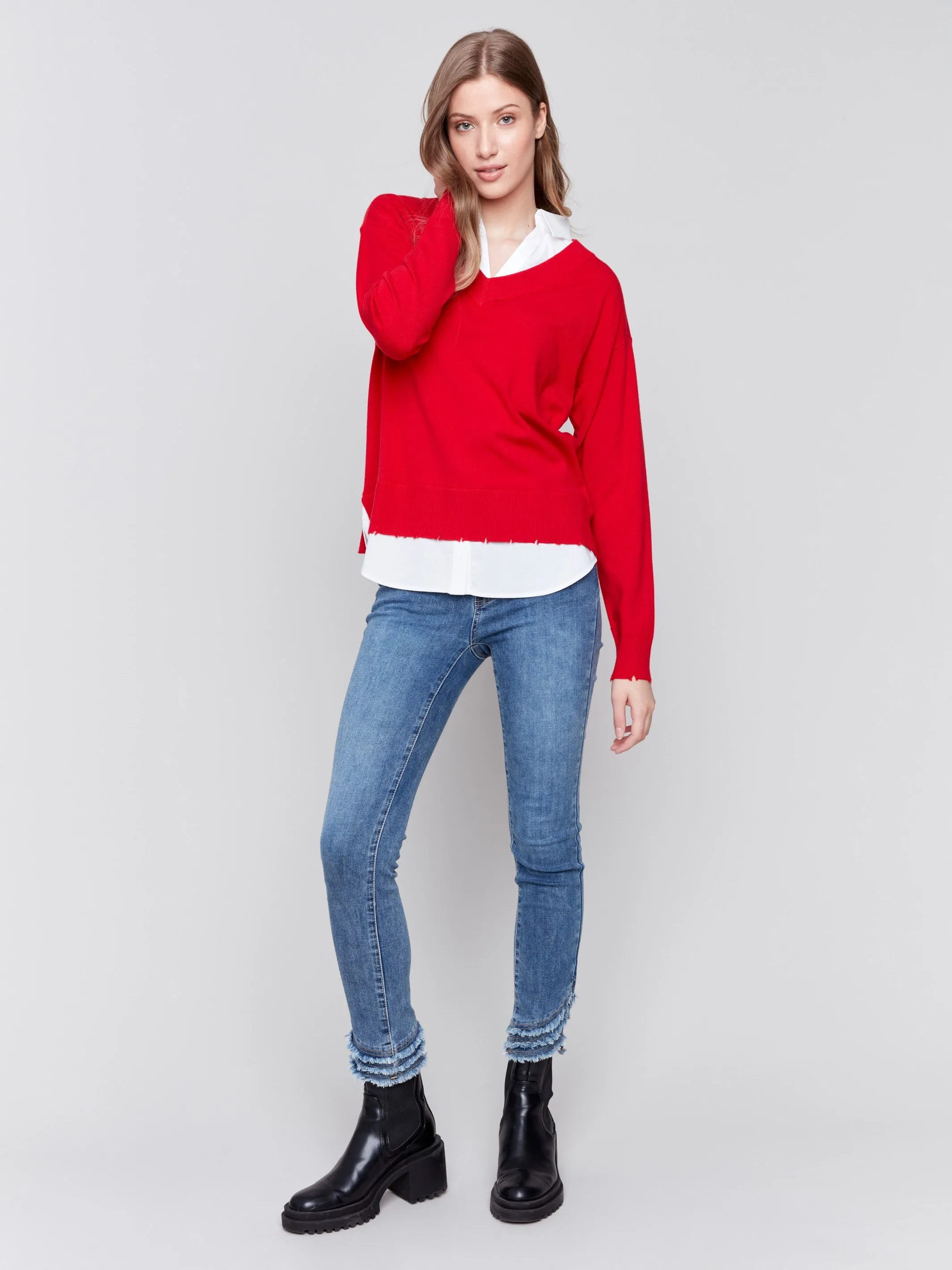 V-Neck Fooler Sweater with Shirt Collar - Cranberry