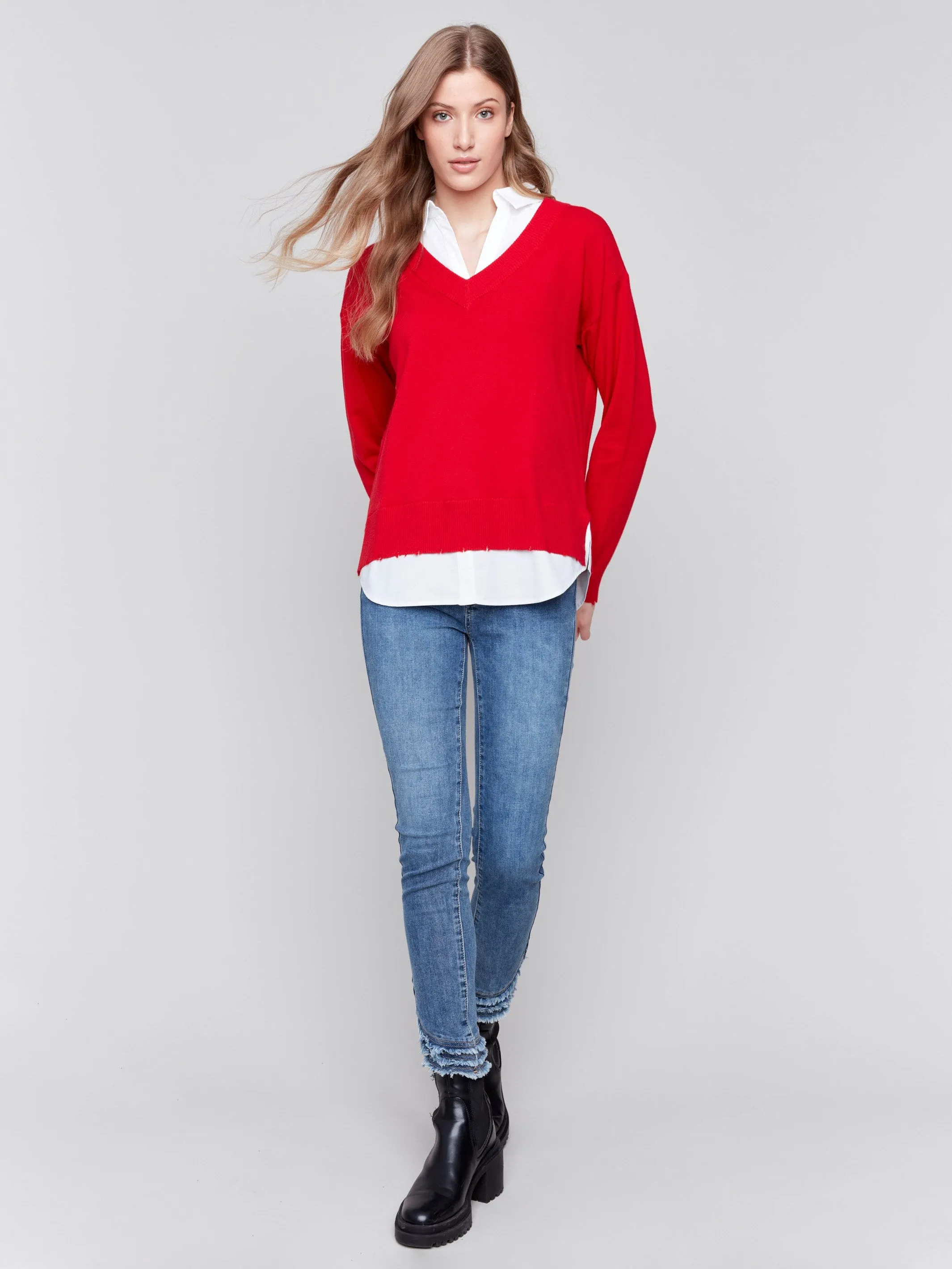 V-Neck Fooler Sweater with Shirt Collar - Cranberry