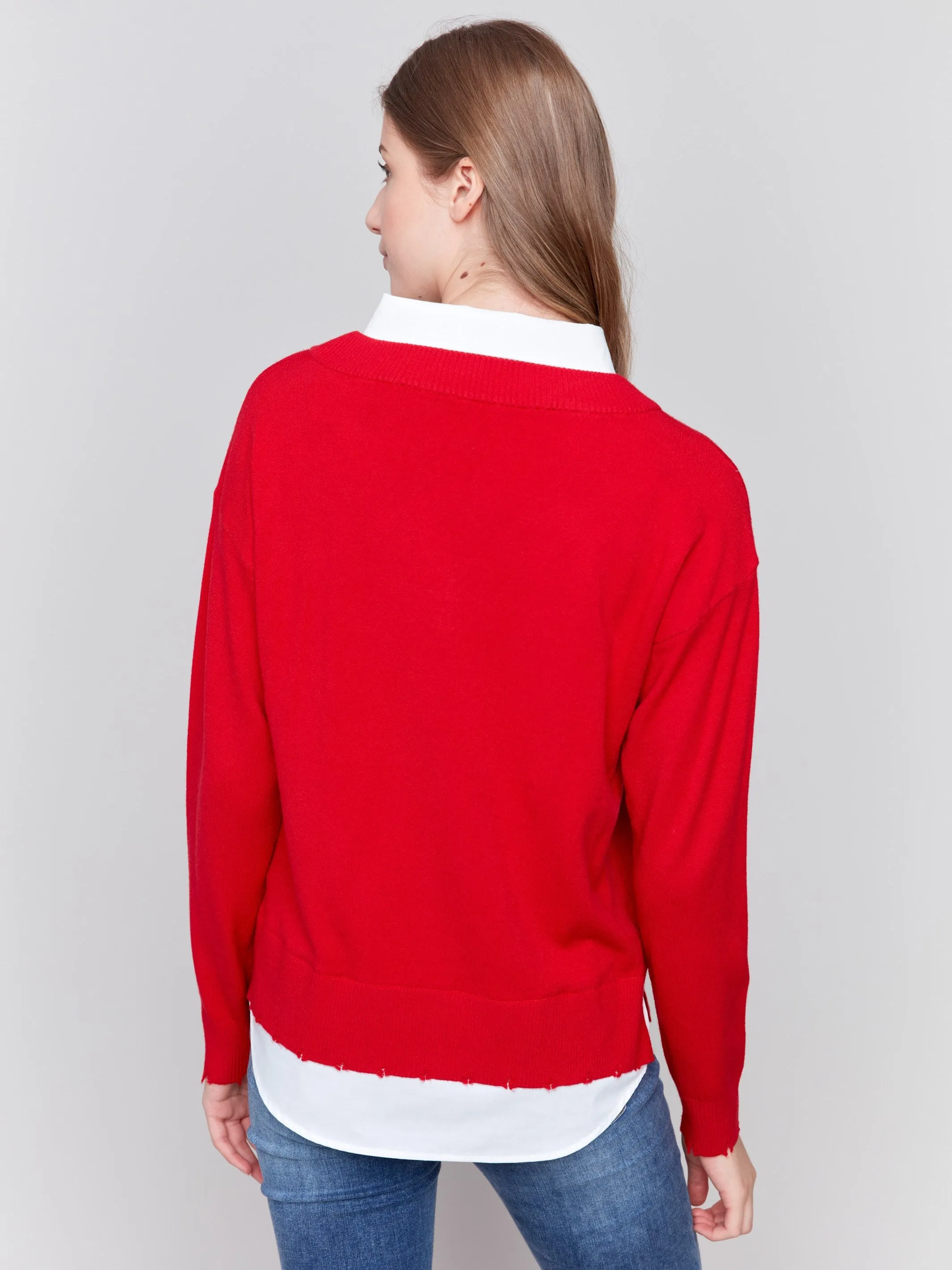 V-Neck Fooler Sweater with Shirt Collar - Cranberry