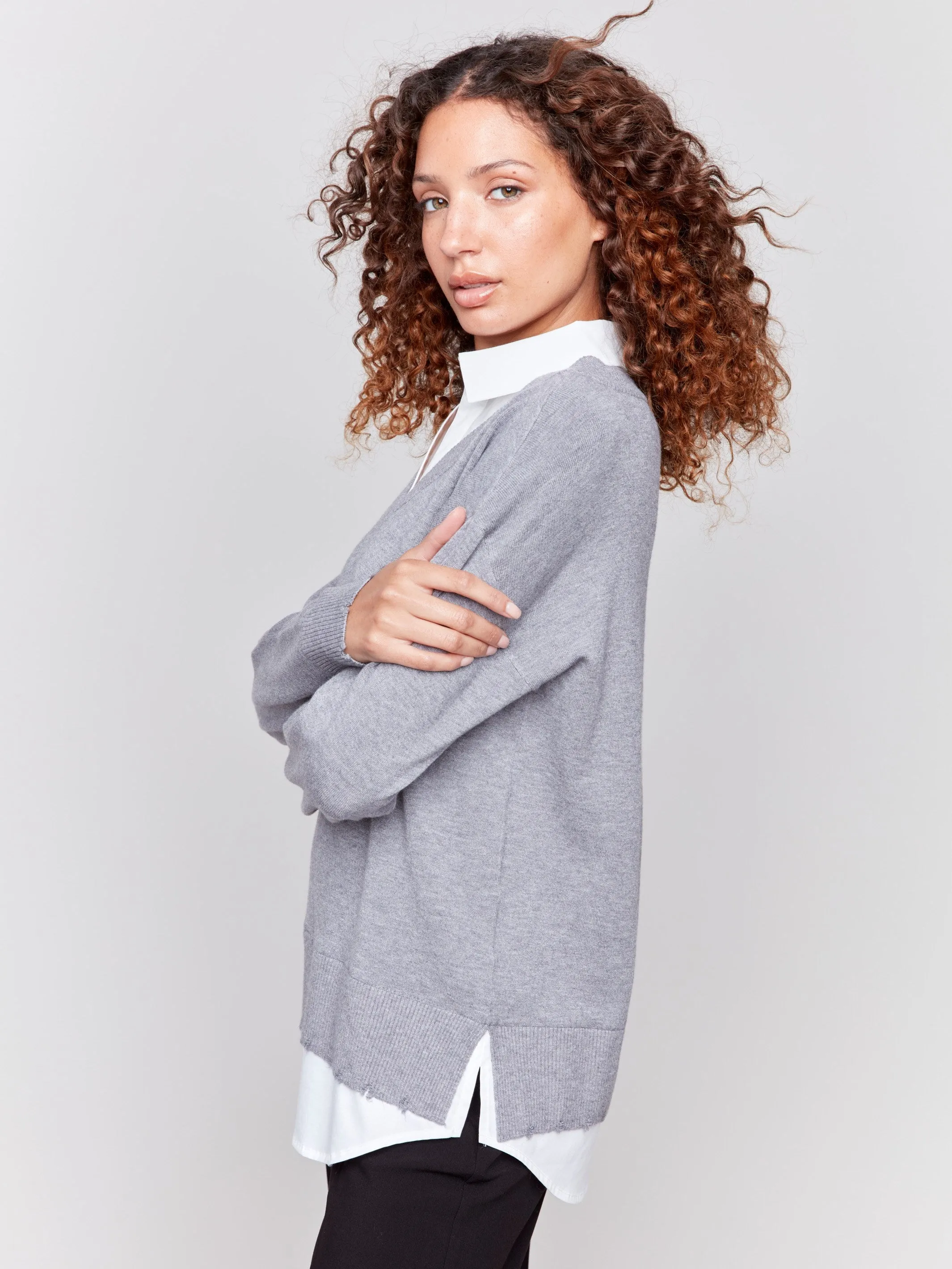 V-Neck Fooler Sweater with Shirt Collar - Grey