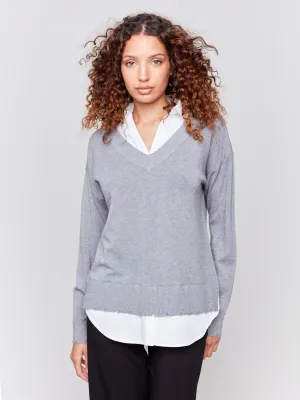 V-Neck Fooler Sweater with Shirt Collar - Grey