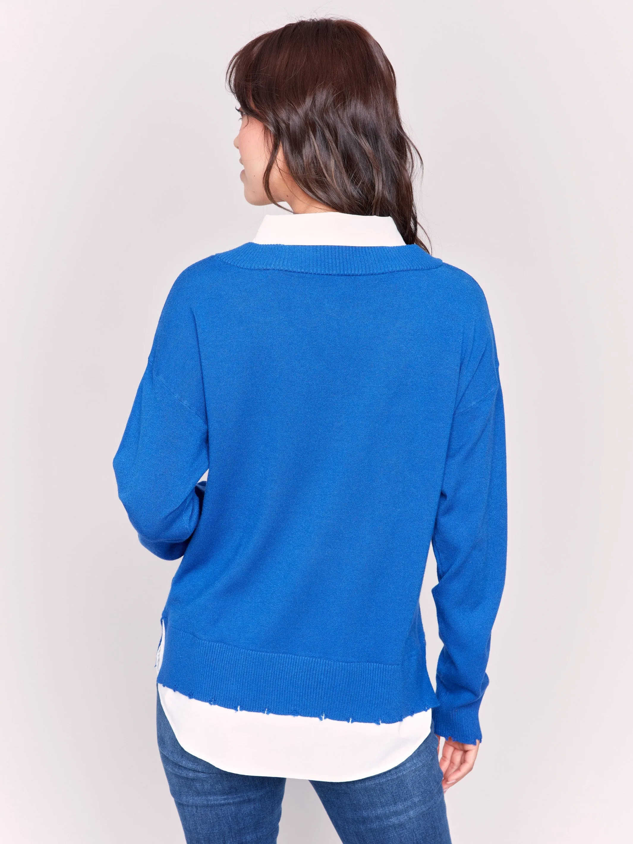 V-Neck Fooler Sweater with Shirt Collar - Sapphire