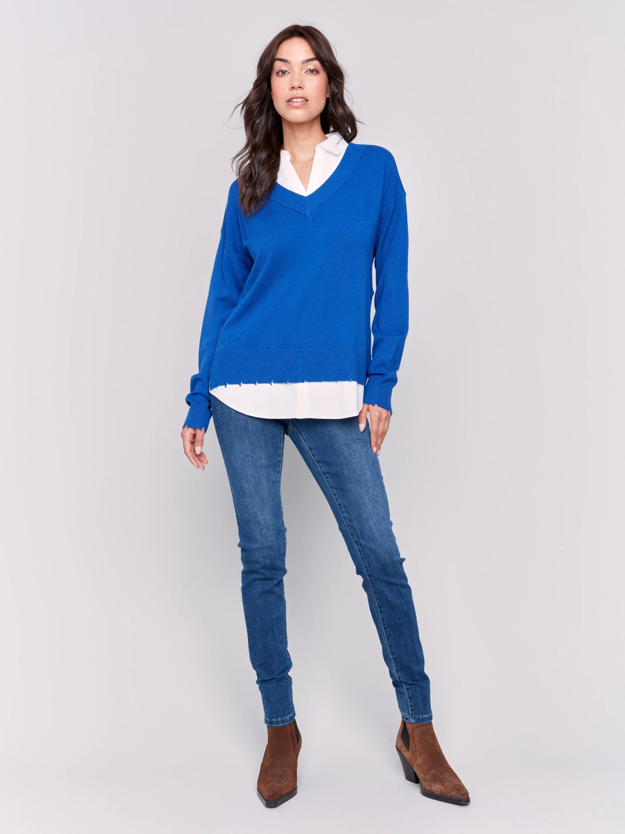 V-Neck Fooler Sweater with Shirt Collar - Sapphire