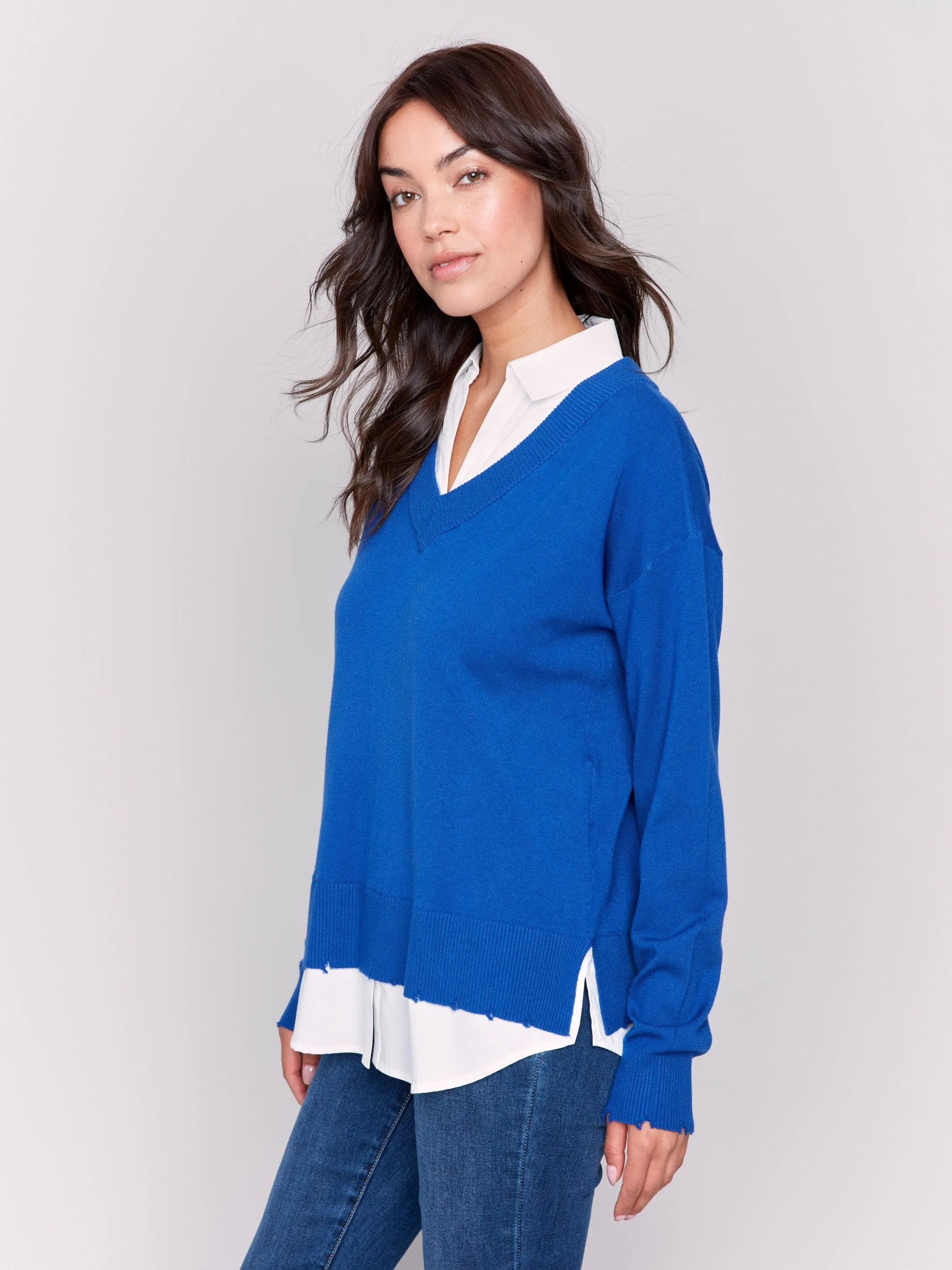 V-Neck Fooler Sweater with Shirt Collar - Sapphire