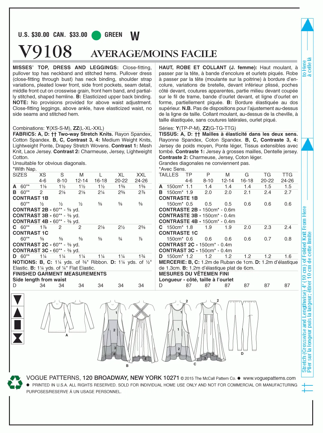 Vogue Pattern V9108 Misses' Top, Dress and Leggings