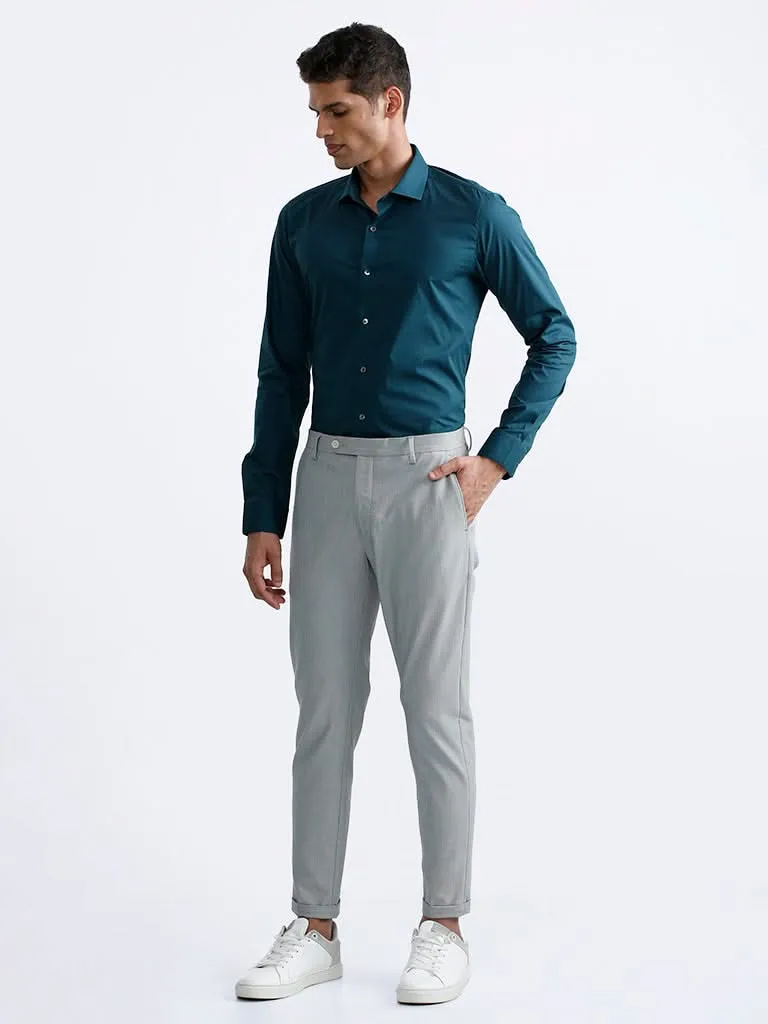 WES Formals Plain Dark Teal Cotton Blend Ultra-Slim Fit Shirt