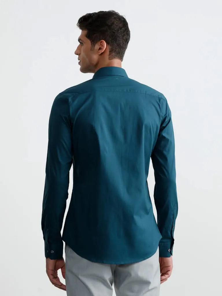 WES Formals Plain Dark Teal Cotton Blend Ultra-Slim Fit Shirt