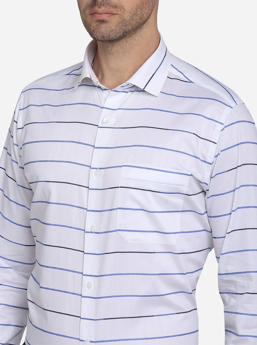 White & Blue Striped Slim Fit Formal Shirt  | Metal