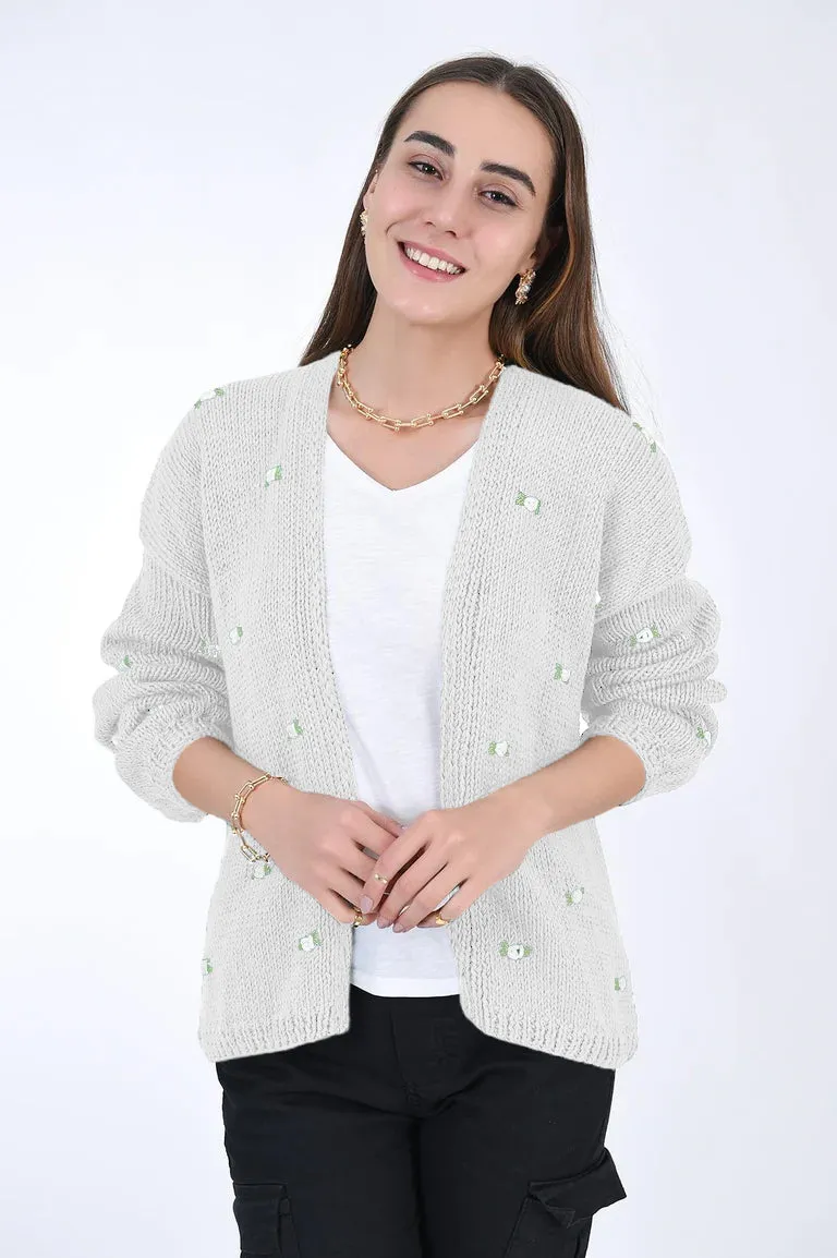 WINTER BLOOM WHITE ROSE Cotton Cardigan