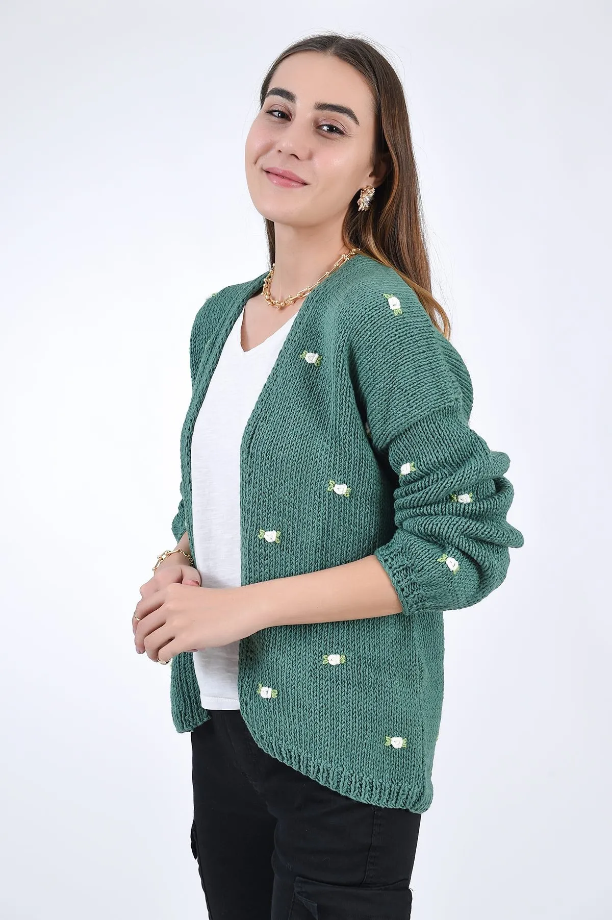 WINTER BLOOM WHITE ROSE Cotton Cardigan