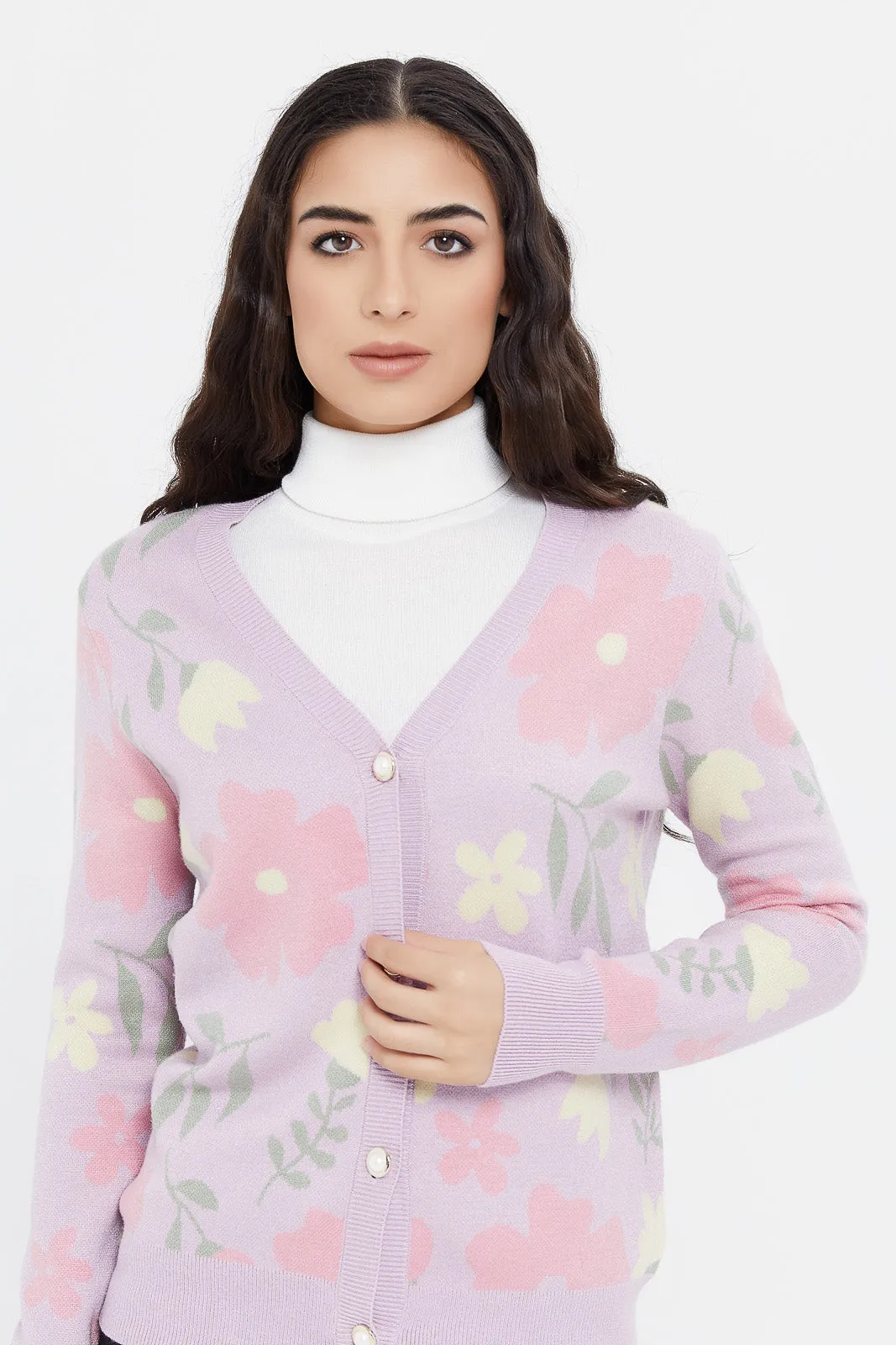 Women Lilac Floral Knitted Cardigan