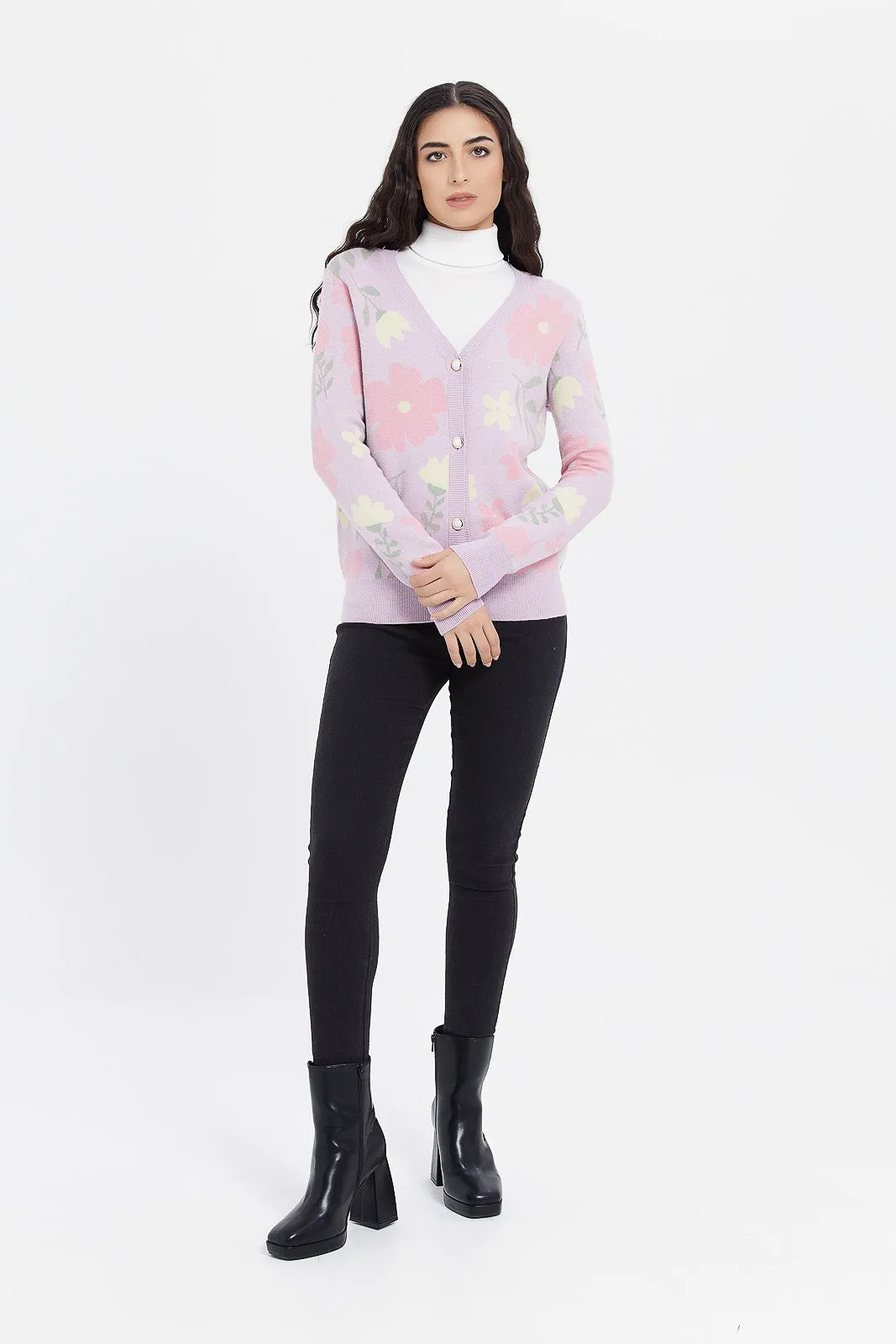 Women Lilac Floral Knitted Cardigan