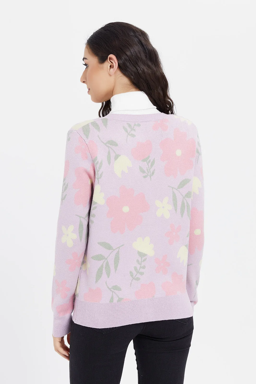 Women Lilac Floral Knitted Cardigan