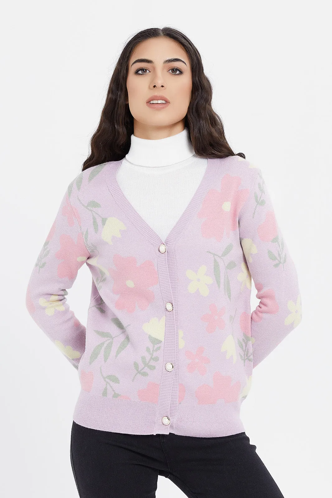 Women Lilac Floral Knitted Cardigan