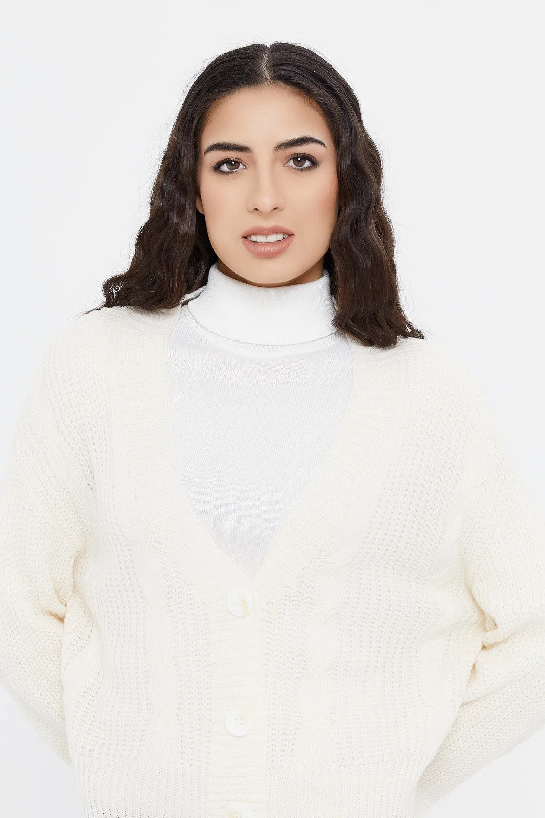 Women White Knitted Cropped Cardigan