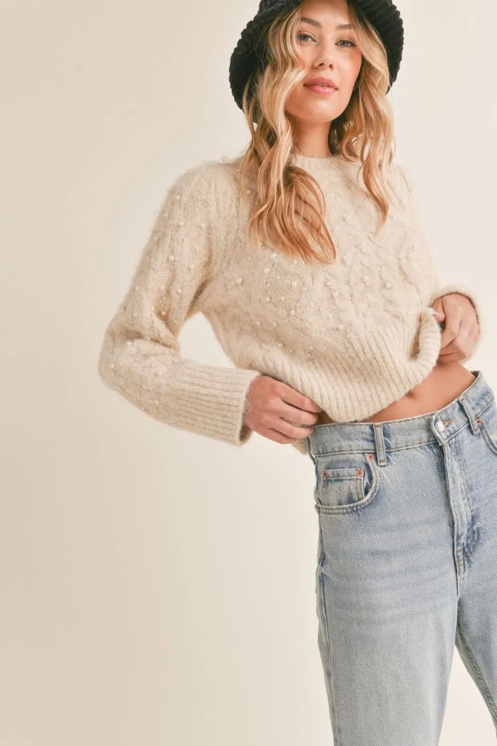 Women's Pearl Cable Knit Wool Blend Sweater | Cream