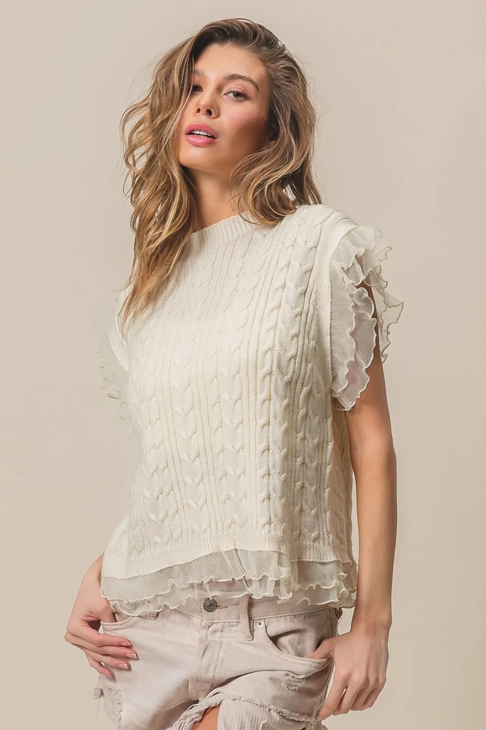 zBiBi Layered Pleat Chiffon Edge Cable Knit Top