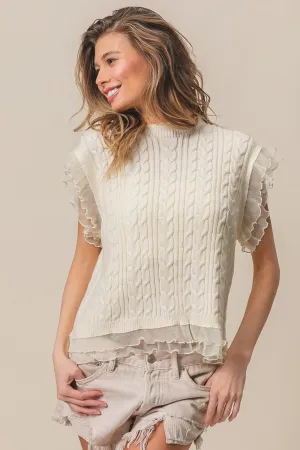 zBiBi Layered Pleat Chiffon Edge Cable Knit Top