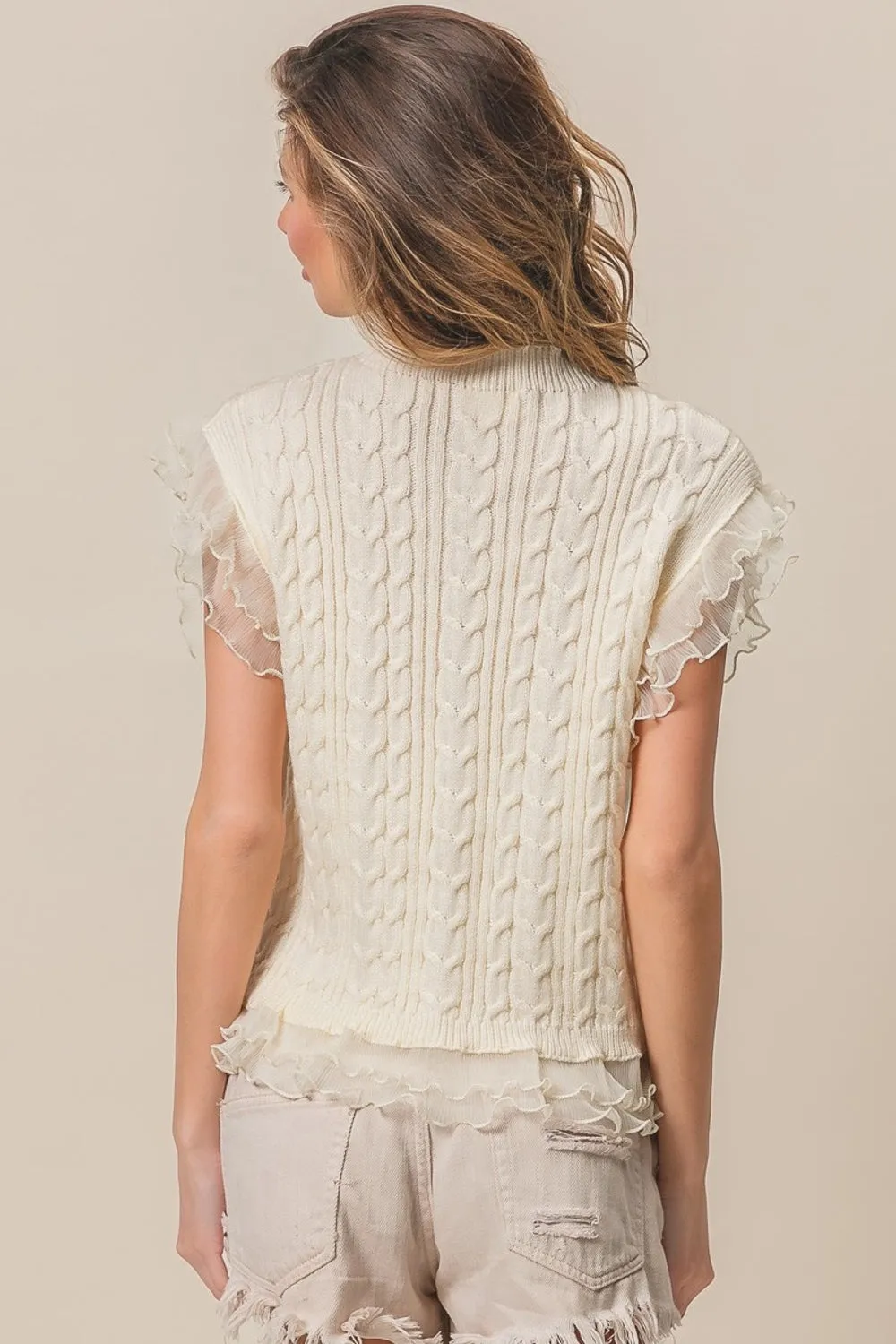 zBiBi Layered Pleat Chiffon Edge Cable Knit Top